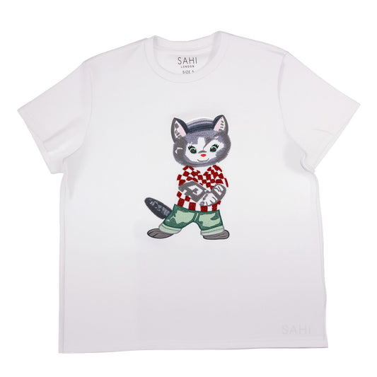 Cotton Embroidered with Beads & Thread Cat T-Shirt