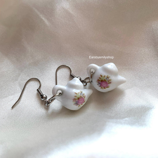 Cool white rose flower porcelain rustic tea pot gold or silver dangle earrings