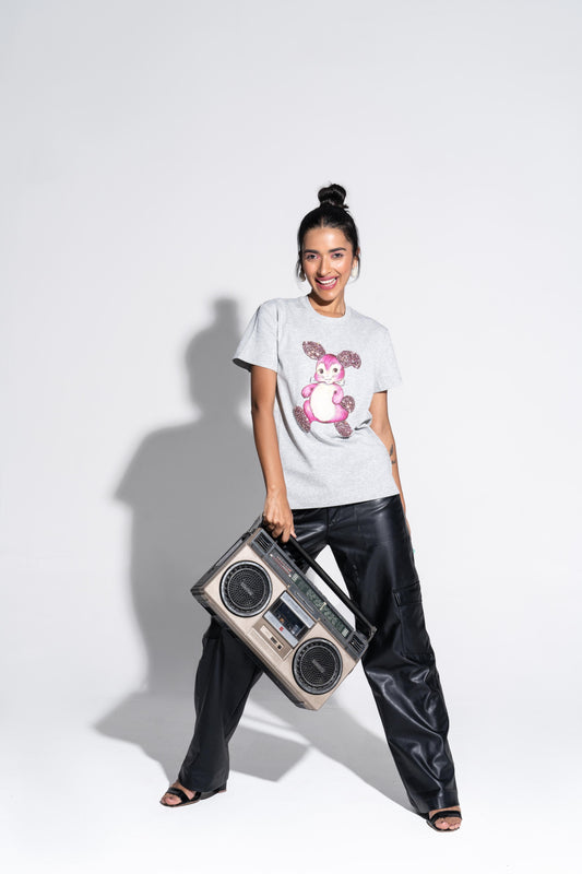 Sahi London Bunny Graphic Embroidered Women’s Cotton T-Shirt - Gray - Large