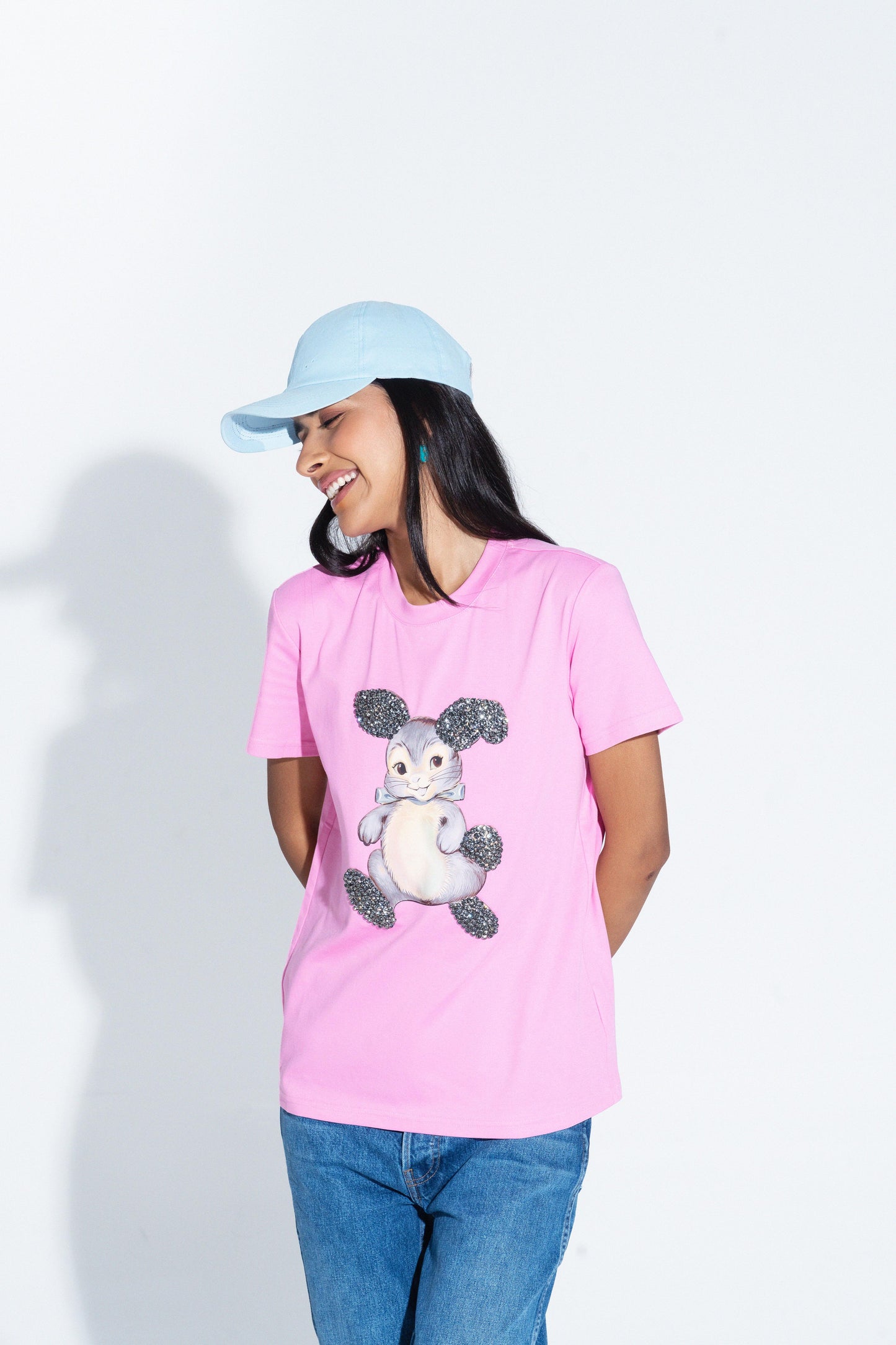 Sahi London Bunny Graphic Embroidered Women’s Cotton T-Shirt - Gray - Large