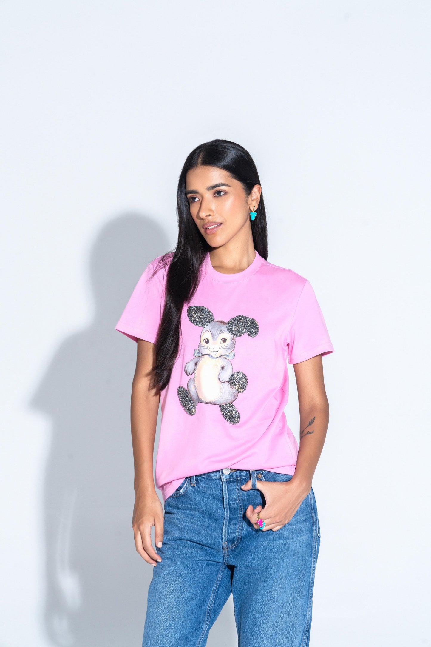 Sahi London Bunny Graphic Embroidered Women’s Cotton T-Shirt - Gray - Large