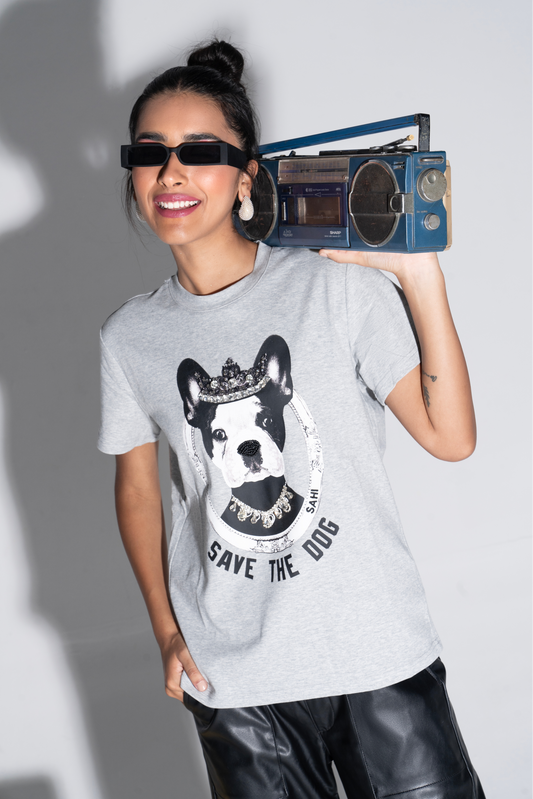 Sahi London “Save The Dog” Graphic Embroidered Women’s Cotton T-Shirt