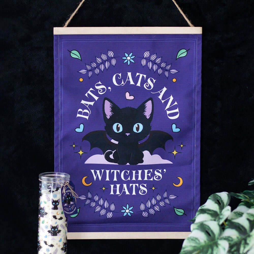 Gothic Gifts Bats, Cats and Witches Hats Fabric Wall Hanging
