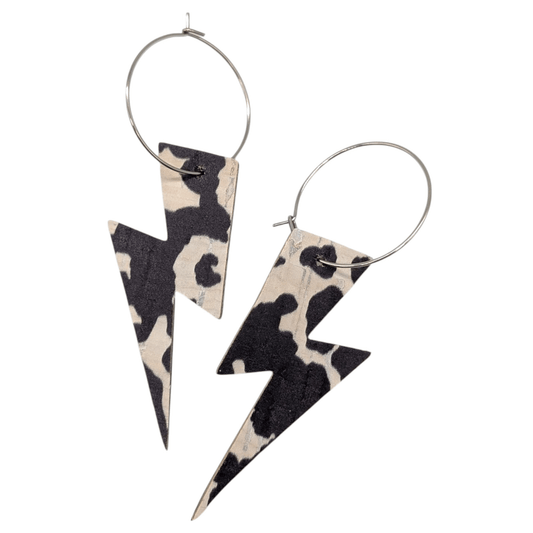 Cow print lightning bolt cork hoop earrings