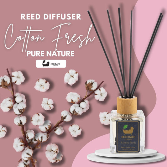 Eco Bath London Cotton Fresh Reed Diffuser 100ml (3.38 Fl.Oz) - Luxurious Calming Reed Diffuser for Home Fragrance