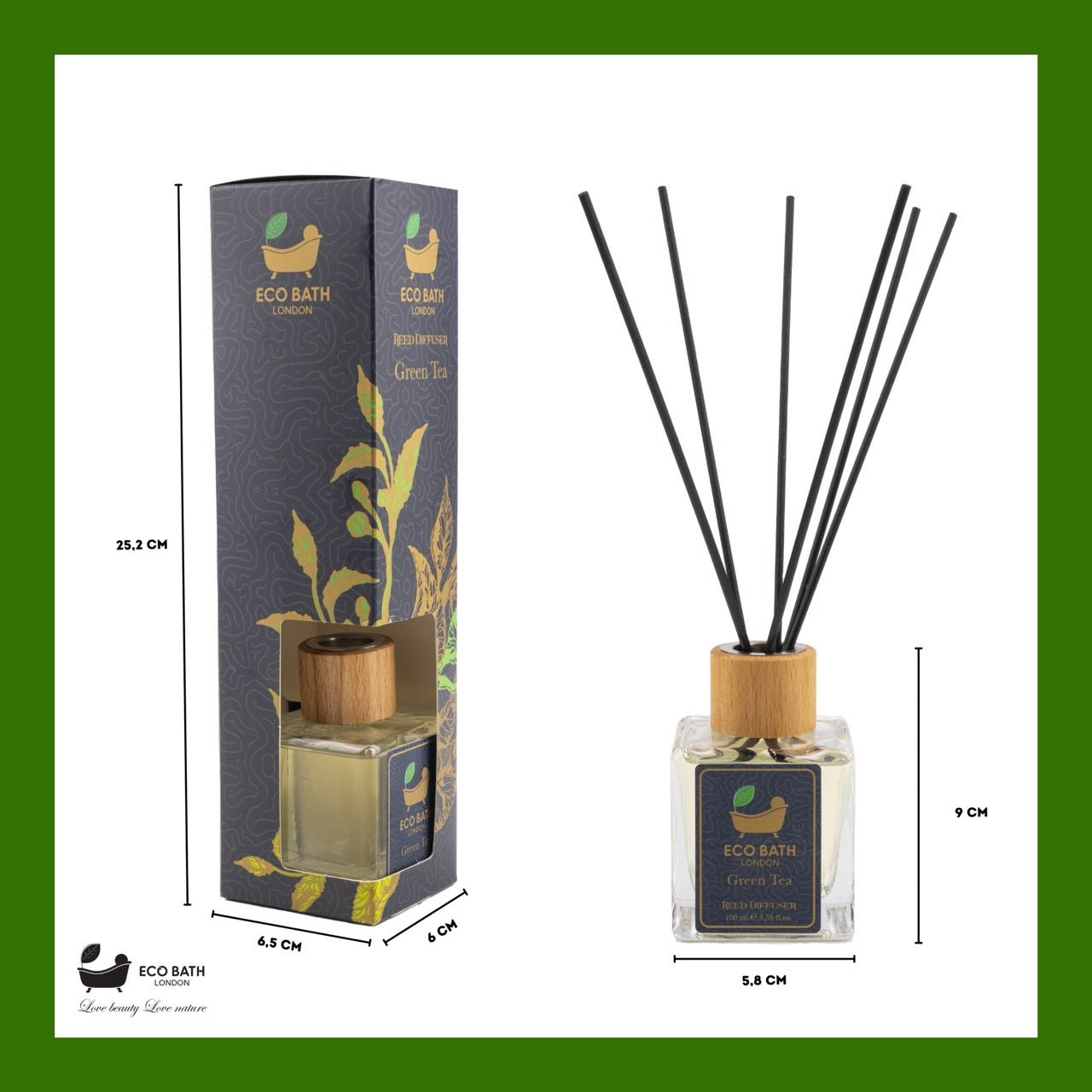 Eco Bath London Green Tea Reed Diffuser - Refreshing Room Fragrance with Notes of Bergamot and Green Tea, 100ml (3.38 Fl.Oz)