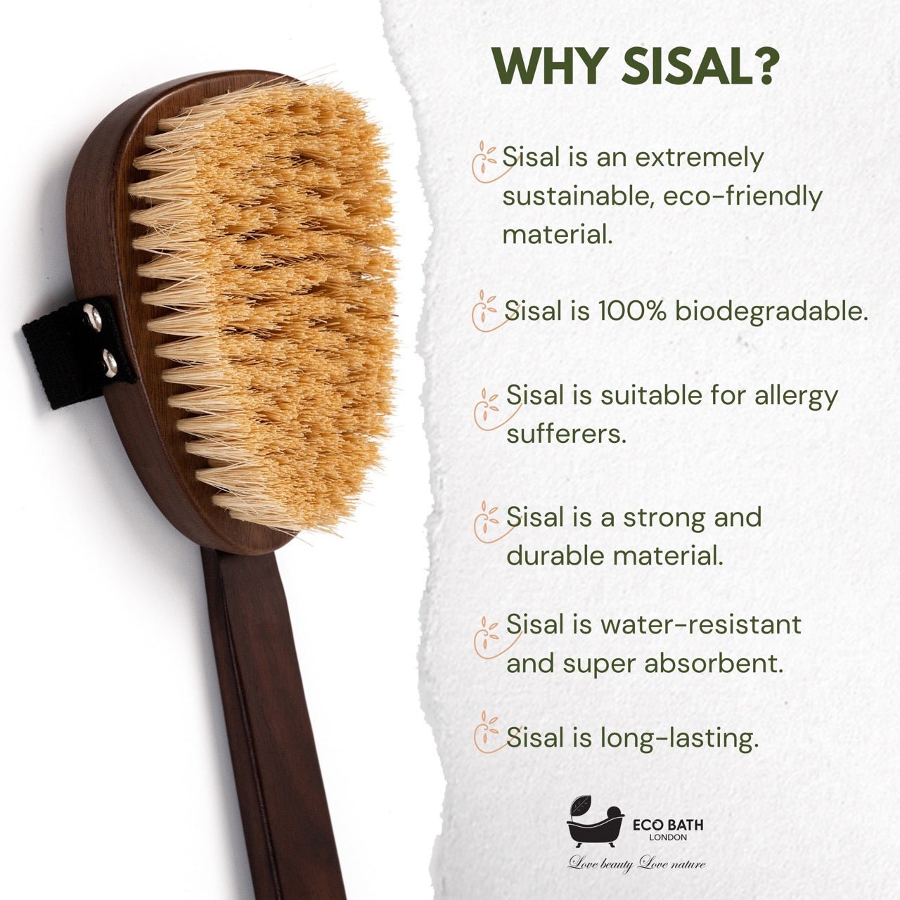 Eco Bath London Natural Sisal Walnut Wood Body Brush - Luxurious Dry Brushing Body Brush