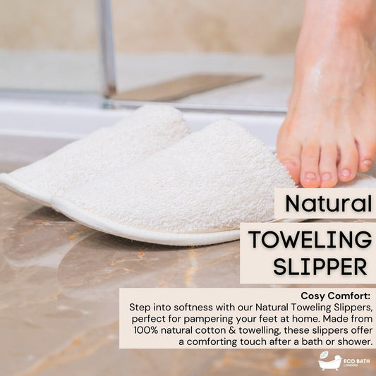 Eco Bath London Natural Toweling Slippers - Luxury 100% Organic Cotton Indoor Slippers for Bath and Home