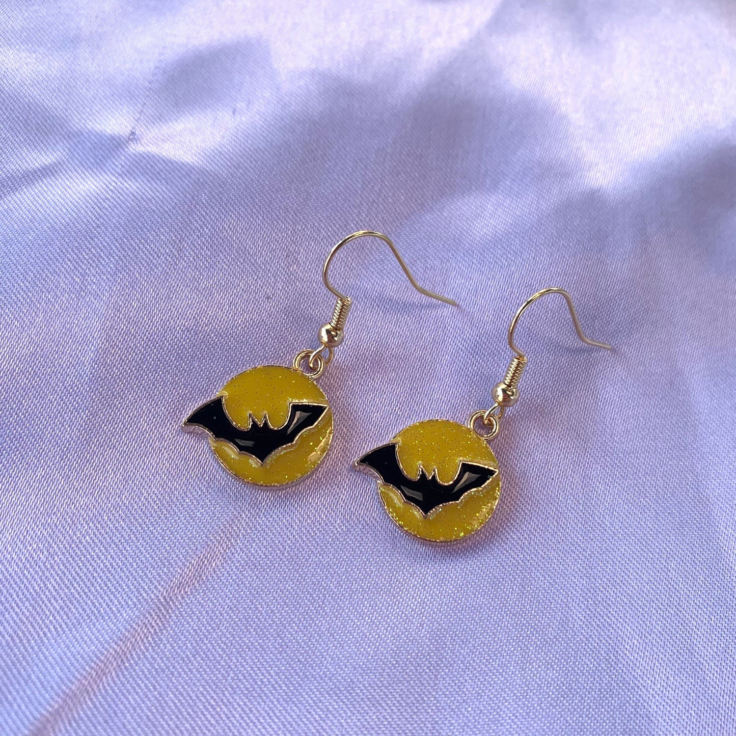 Yellow glitter black bat moon halloween gold dangle earrings