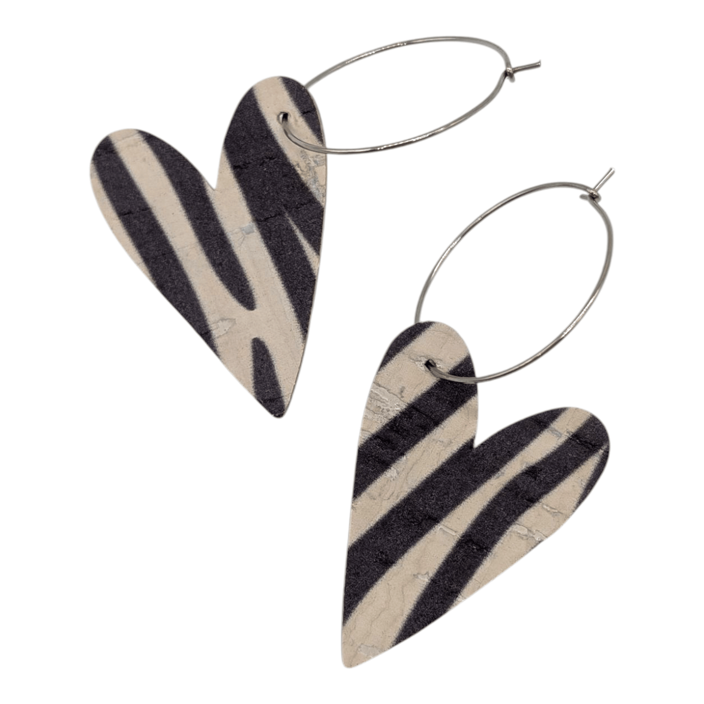 Zebra print cork heart hoop earrings