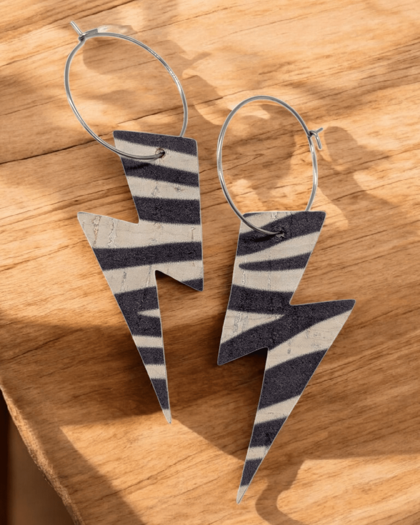 Zebra print cork lightning bolt hoop earrings
