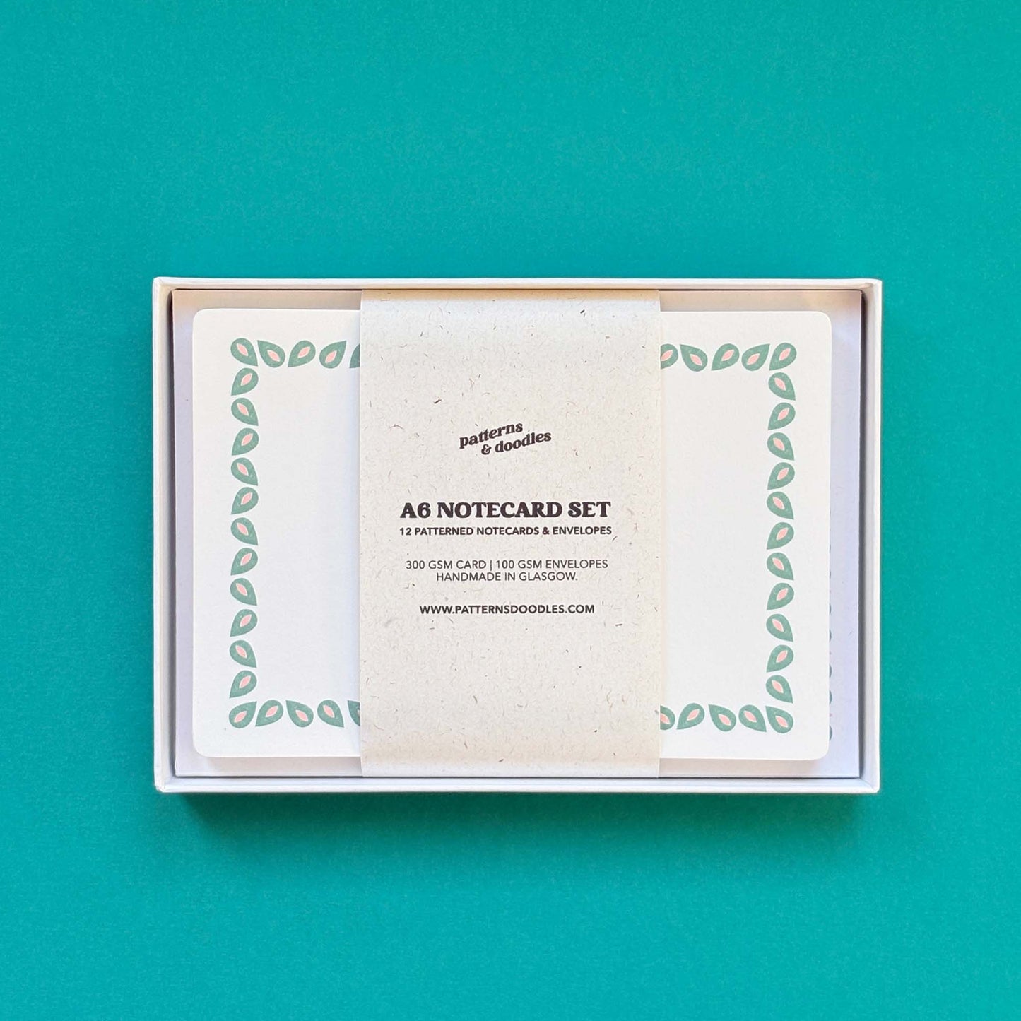 Set of 12 Notecards with Printed Envelopes - Coco Green & Pink