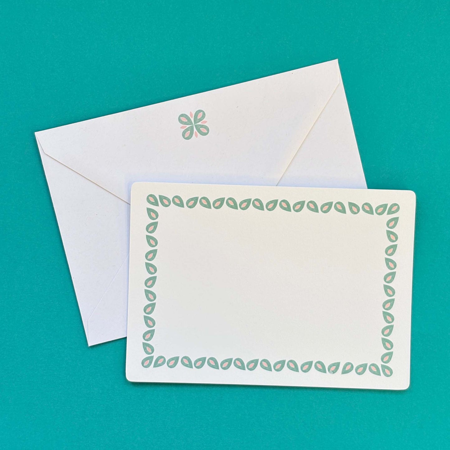Set of 12 Notecards with Printed Envelopes - Coco Green & Pink
