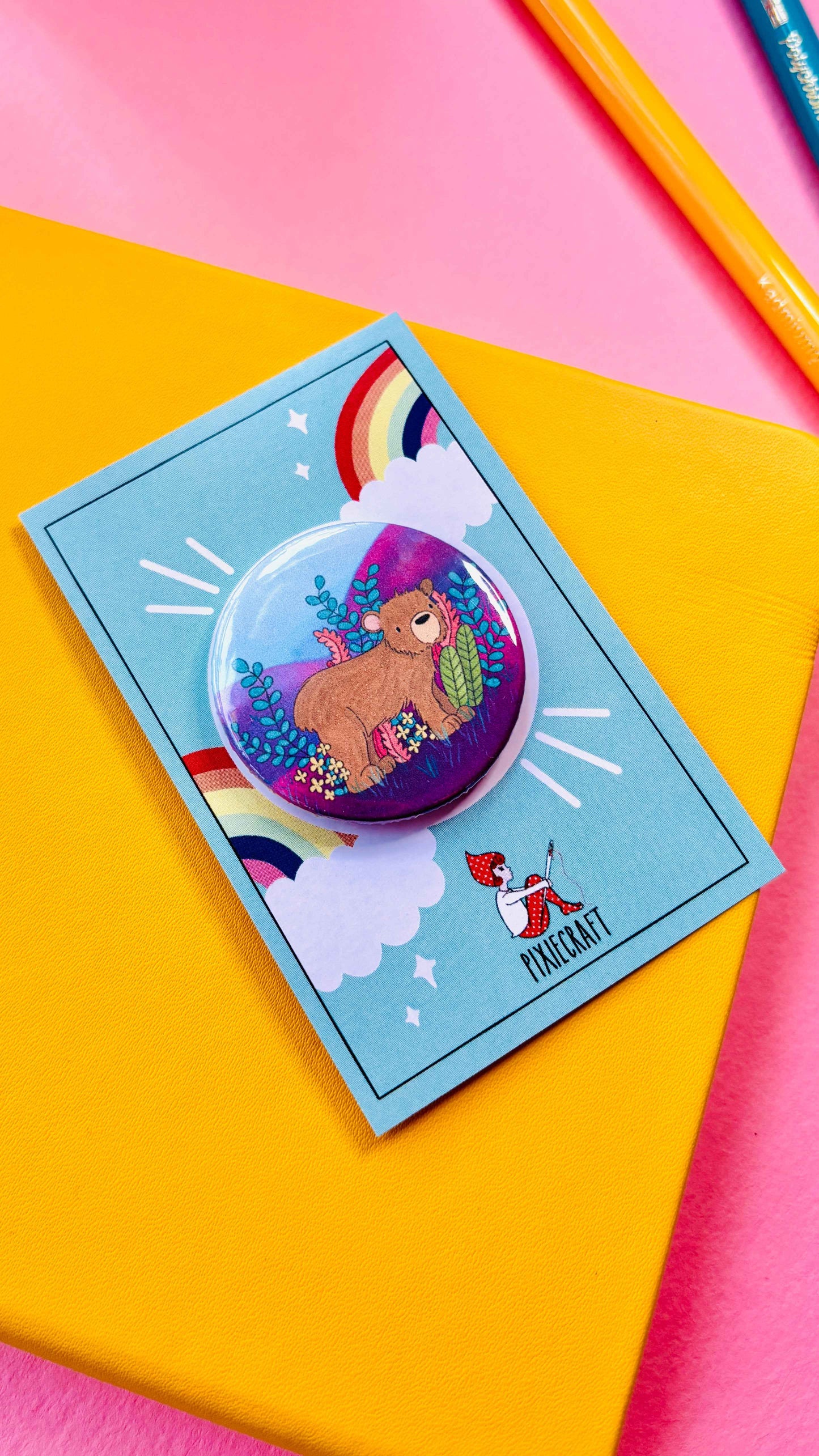 Brown Bear Illustrated Art Vibrant Pin Badge or Magnet- Multiple options available