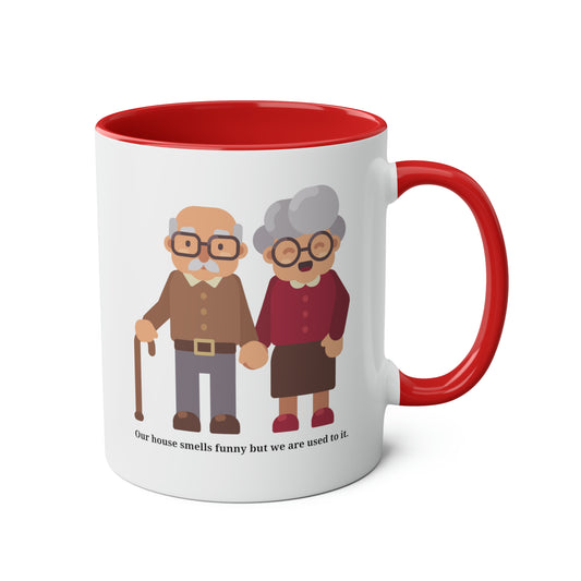 Old Couple Mug: Our house smells funny but we are used to it