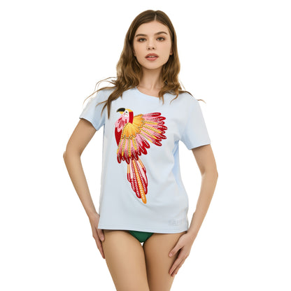 Cotton Embroidered with Beads & Thread Parrot T-Shirt