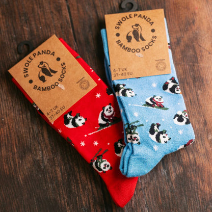 Blue Skiing Panda Bamboo Socks