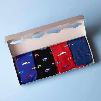 Racing Car Sock Box - 4 Pairs of Bamboo Socks (His)