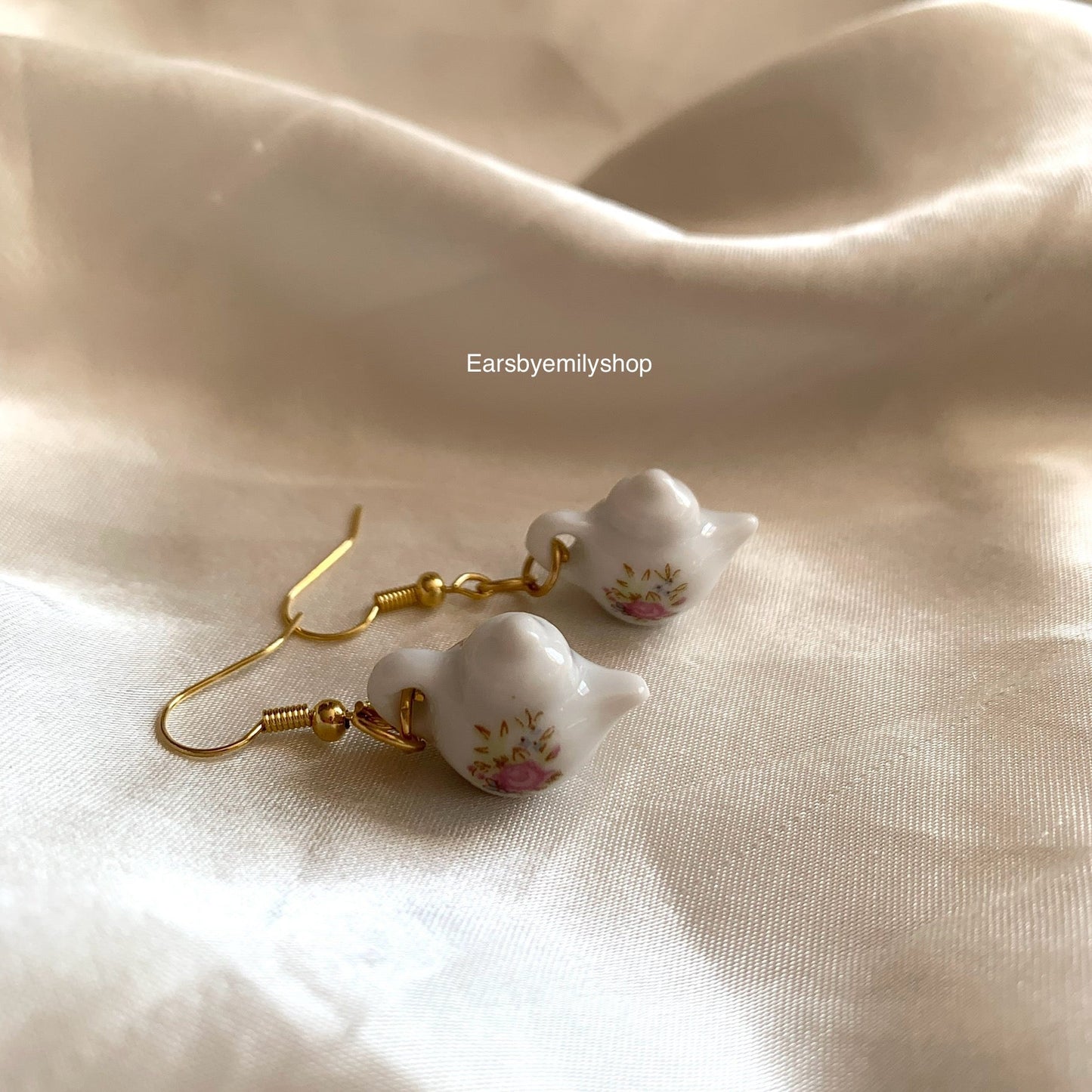 Cool white rose flower porcelain rustic tea pot gold or silver dangle earrings