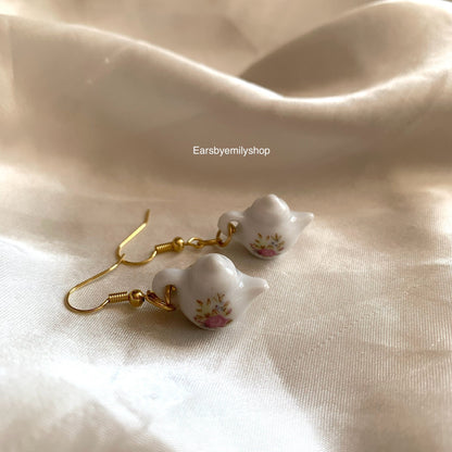 Cool white rose flower porcelain rustic tea pot gold or silver dangle earrings