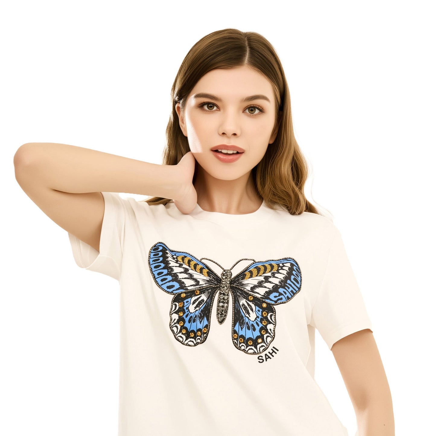 Cotton Butterfly Printed & Embroidered T-Shirt