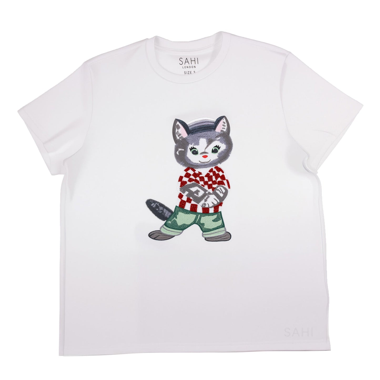 Cotton Embroidered with Beads & Thread  Cat T-Shirt