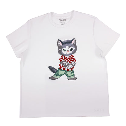 Cotton Embroidered with Beads & Thread  Cat T-Shirt