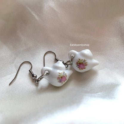 Cool white rose flower porcelain rustic tea pot gold or silver dangle earrings