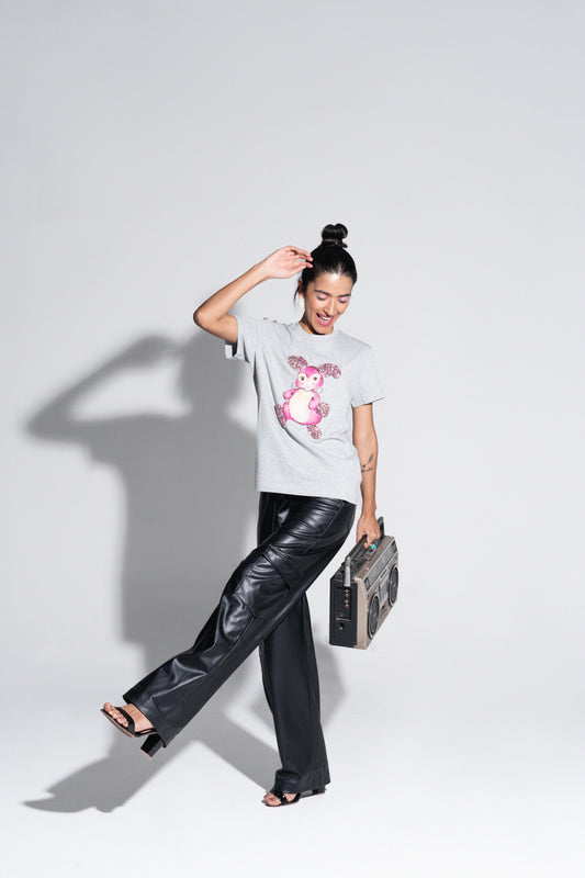 Sahi London Bunny Graphic Embroidered Women’s Cotton T-Shirt - Gray - Large