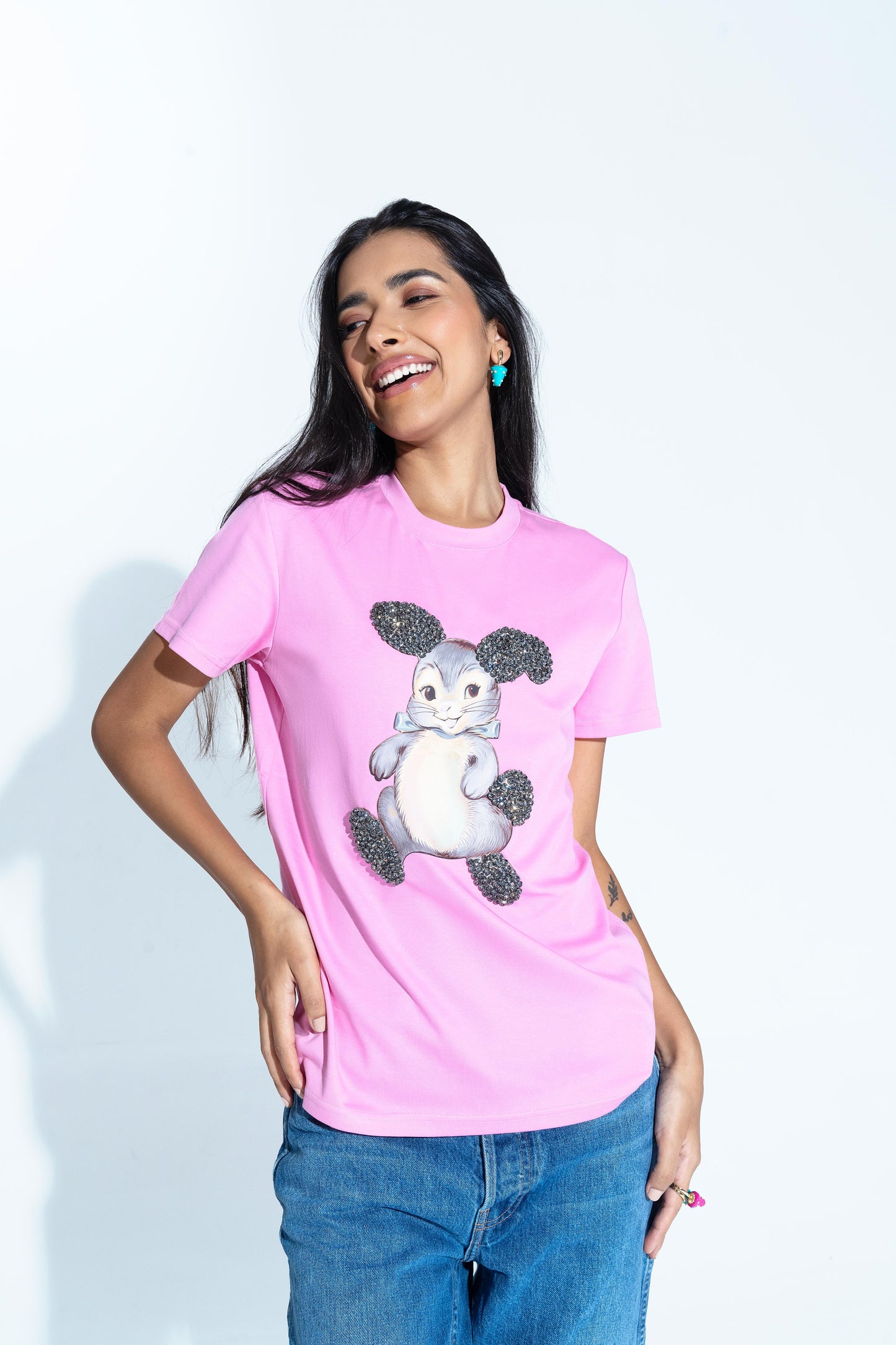 Sahi London Bunny Graphic Embroidered Women’s Cotton T-Shirt - Gray - Large