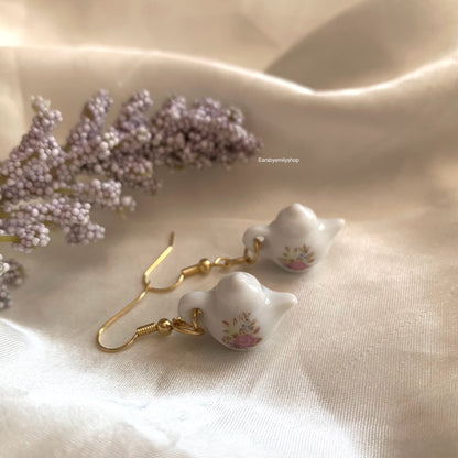 Cool white rose flower porcelain rustic tea pot gold or silver dangle earrings