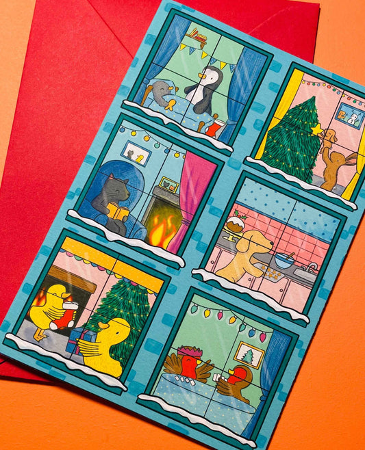 Illustrated animals Christmas scene A6 greetings card