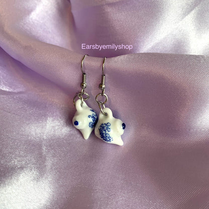 Blue and white flower porcelain rustic tea cup stainless steel earrings