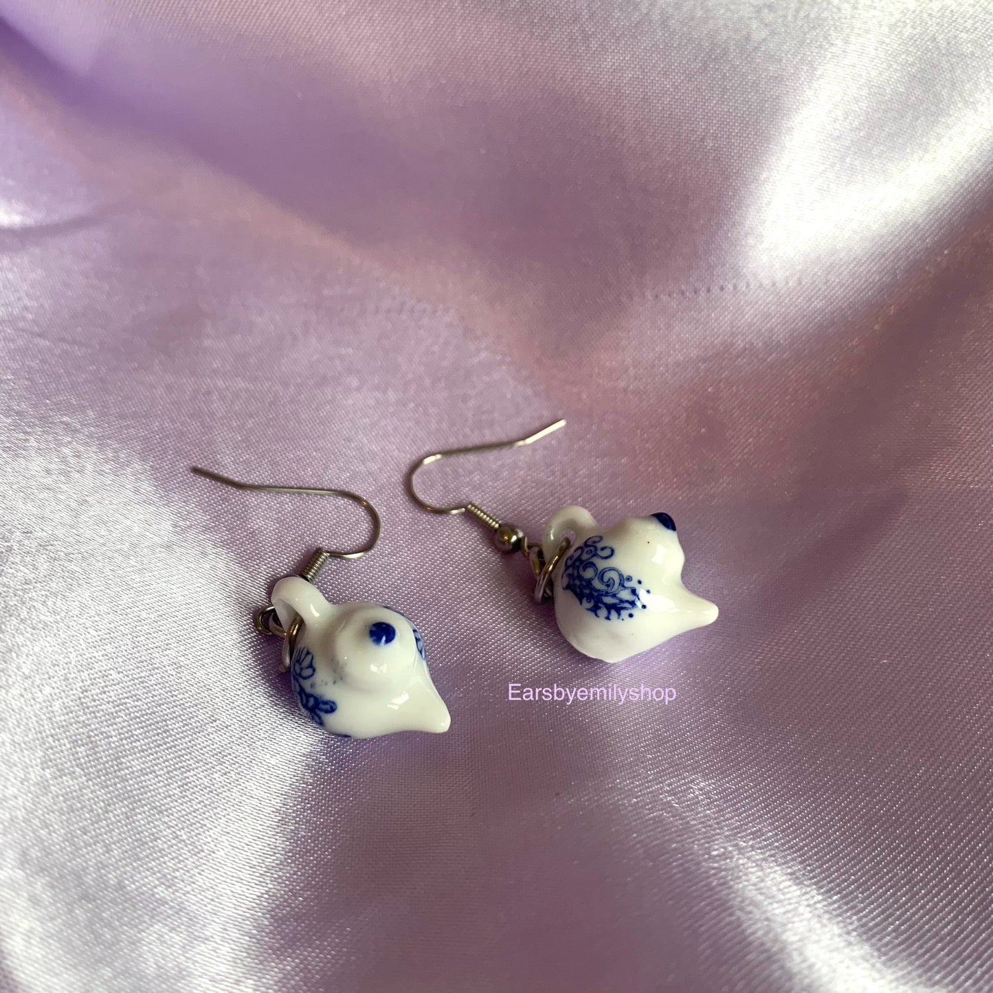 Blue and white flower porcelain rustic tea cup stainless steel earrings