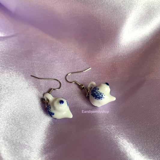 Blue and white flower porcelain rustic tea cup stainless steel earrings