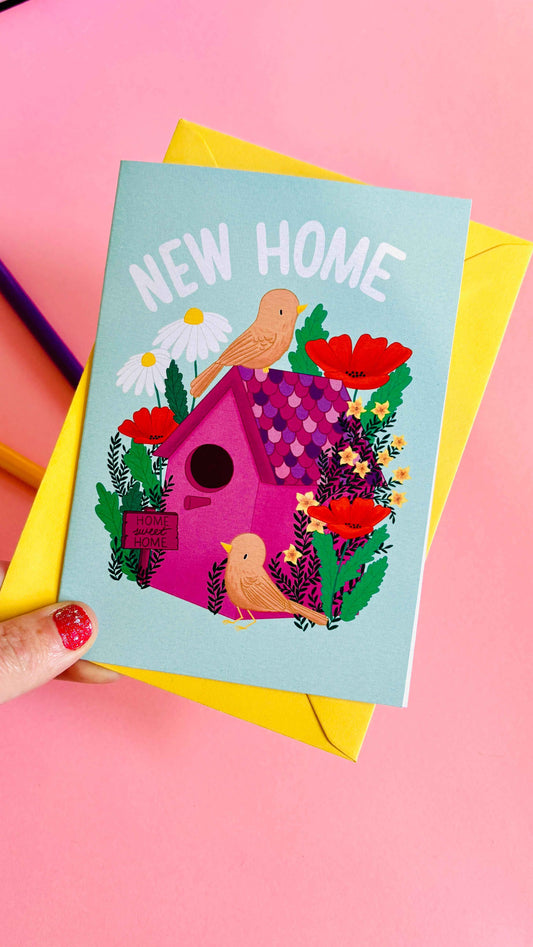 New Home Card- Cute and Colourful Handmade Floral Birdhouse Greetings Card