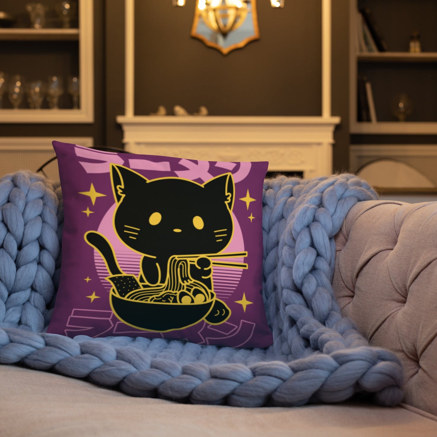 Kawaii Noodle Cat Throw Pillow