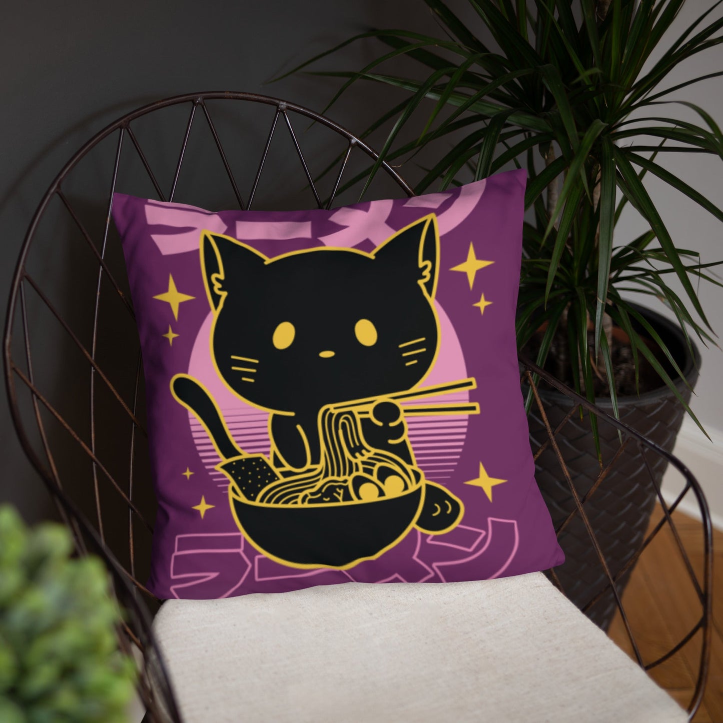 Kawaii Noodle Cat Throw Pillow