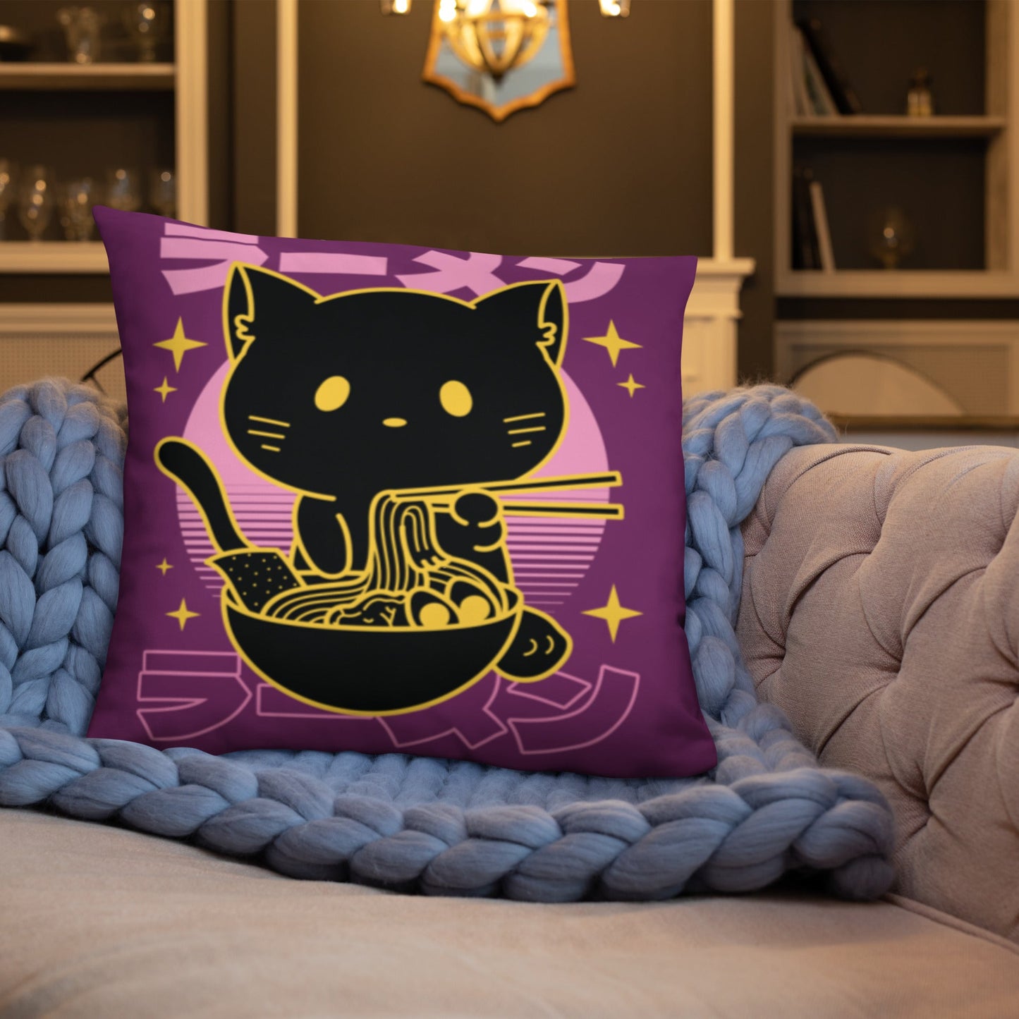 Kawaii Noodle Cat Throw Pillow