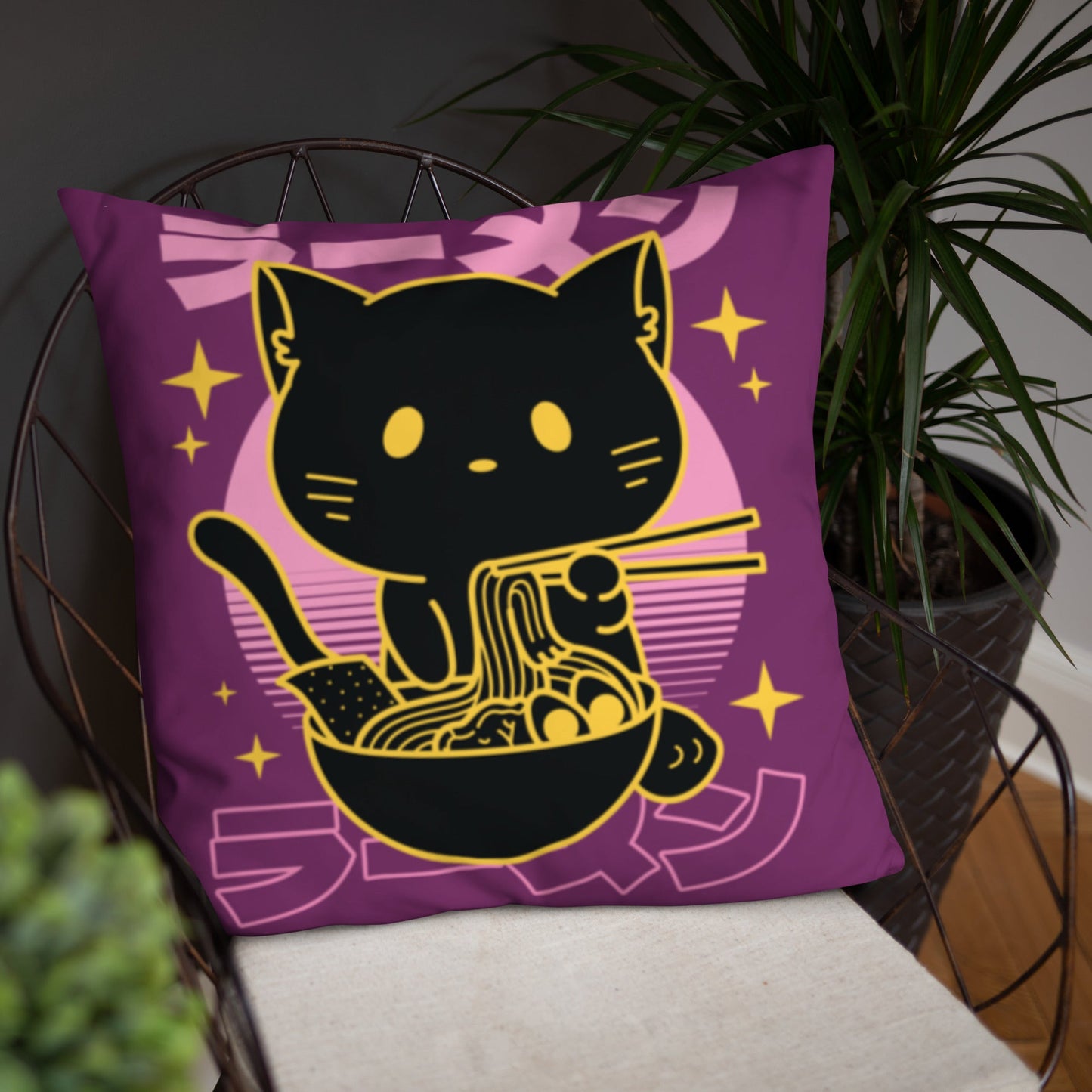 Kawaii Noodle Cat Throw Pillow
