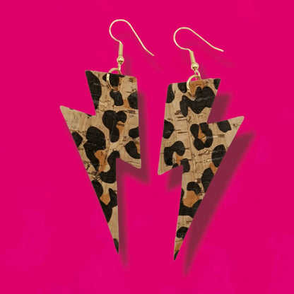 Big Leopard Print Cork Lightning Bolt Earrings
