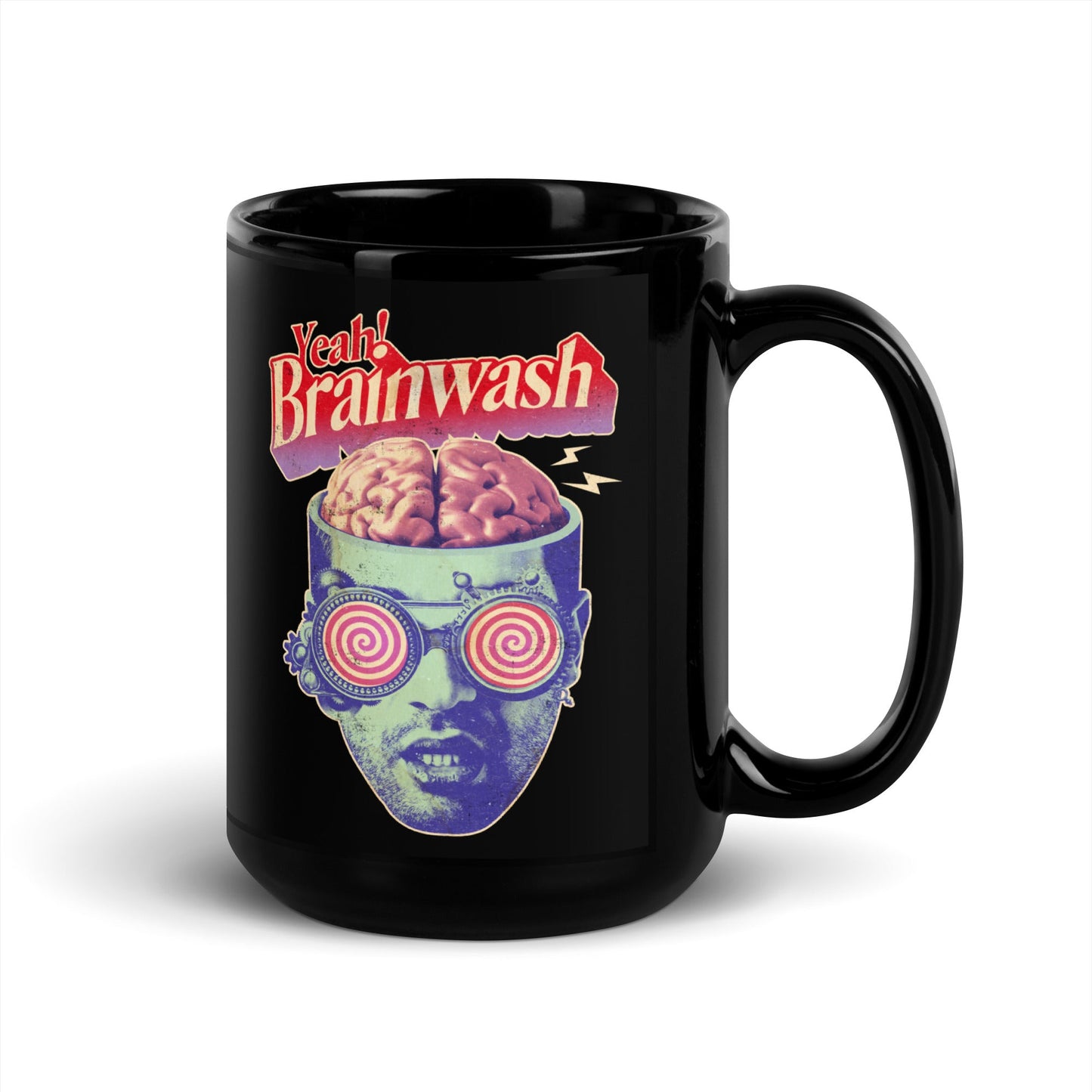 Brainwashed Black Glossy Mug, Brainwashed black mug, Mug Brainwashed, Retro Graphic Mug, Mug Retro graphics, Funky Mugs,