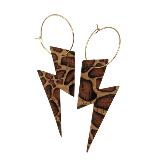Brown cow cork lightning bolt earrings