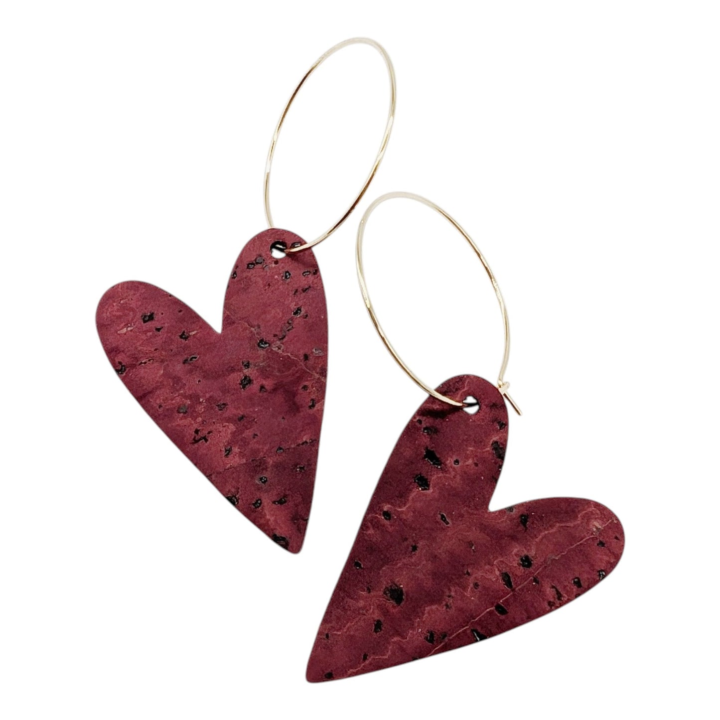 Burgundy cork heart earrings
