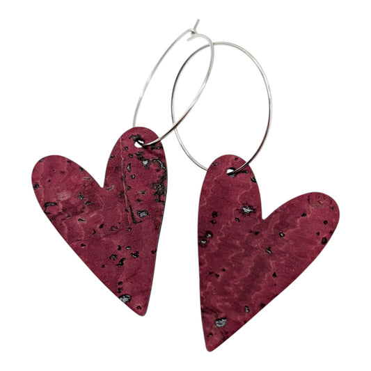 Burgundy cork heart earrings