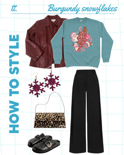 Burgundy glitter snowflake earrings