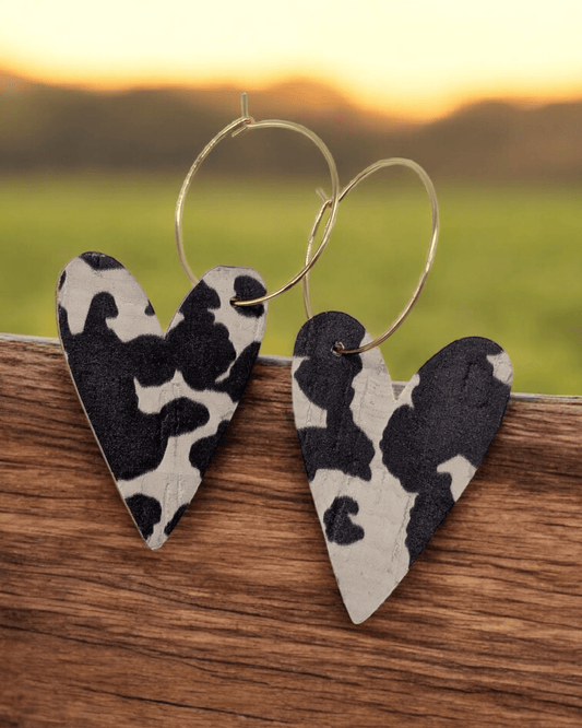 Cow print heart cork hoop earrings