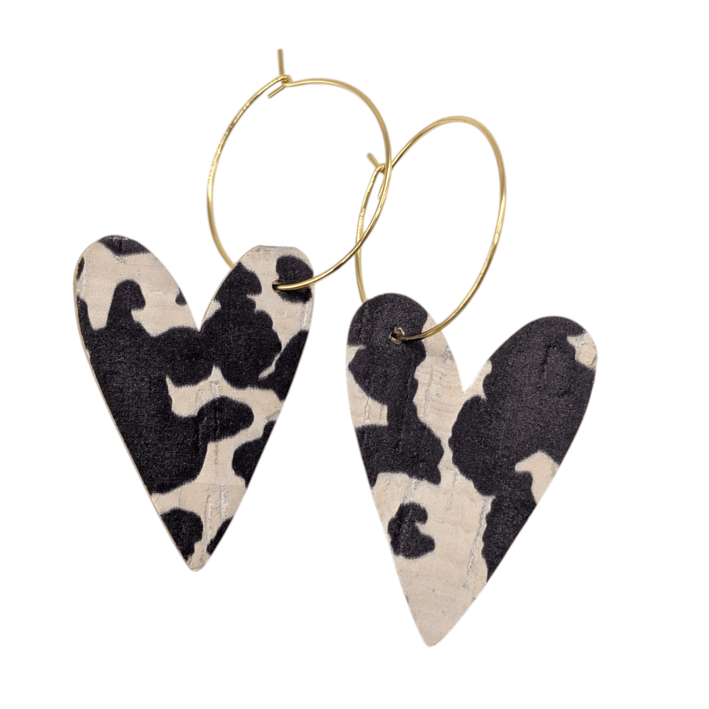 Cow print heart cork hoop earrings