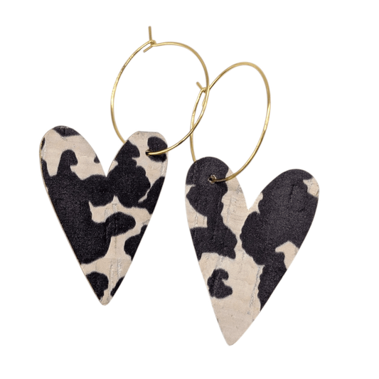 Cow print heart cork hoop earrings