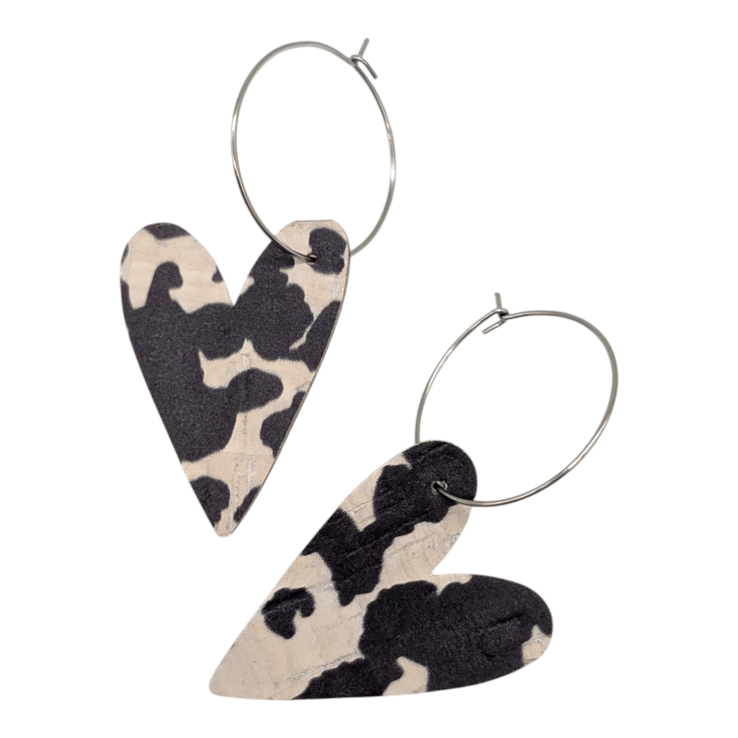 Cow print heart cork hoop earrings